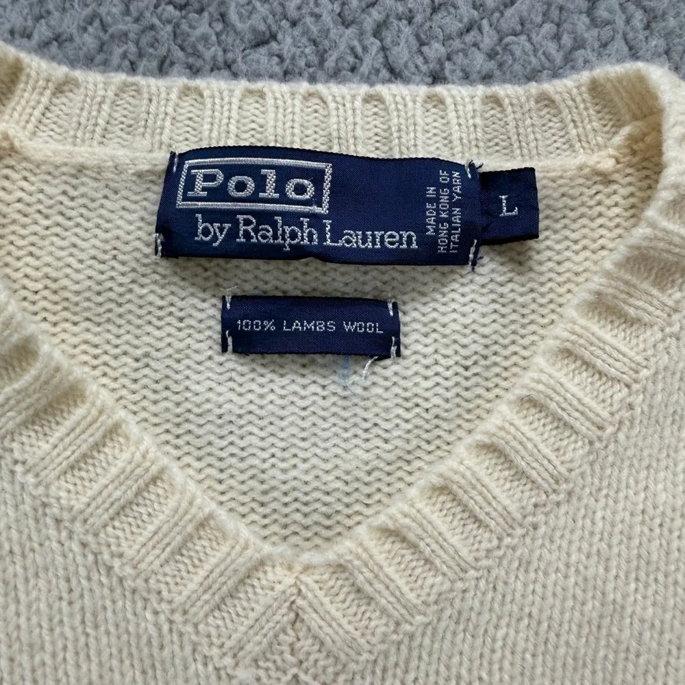 Polo Ralph Lauren Mens Cream 100% Lambswool V-Neck Pony Logo Sweater Large